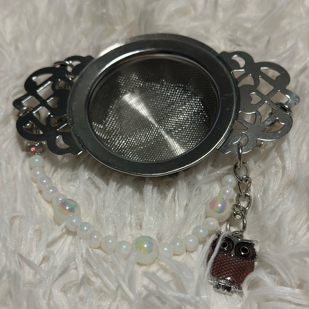 Silver Tea Strainer Infuser Keychain Set with Owl Charms, Rhinestones & Pearls